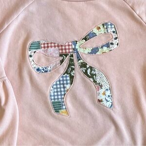 Upcycled Women’s XL Pink Cotton Bow Handsewn Patchwork Sweatshirt Fluffy Sleeves